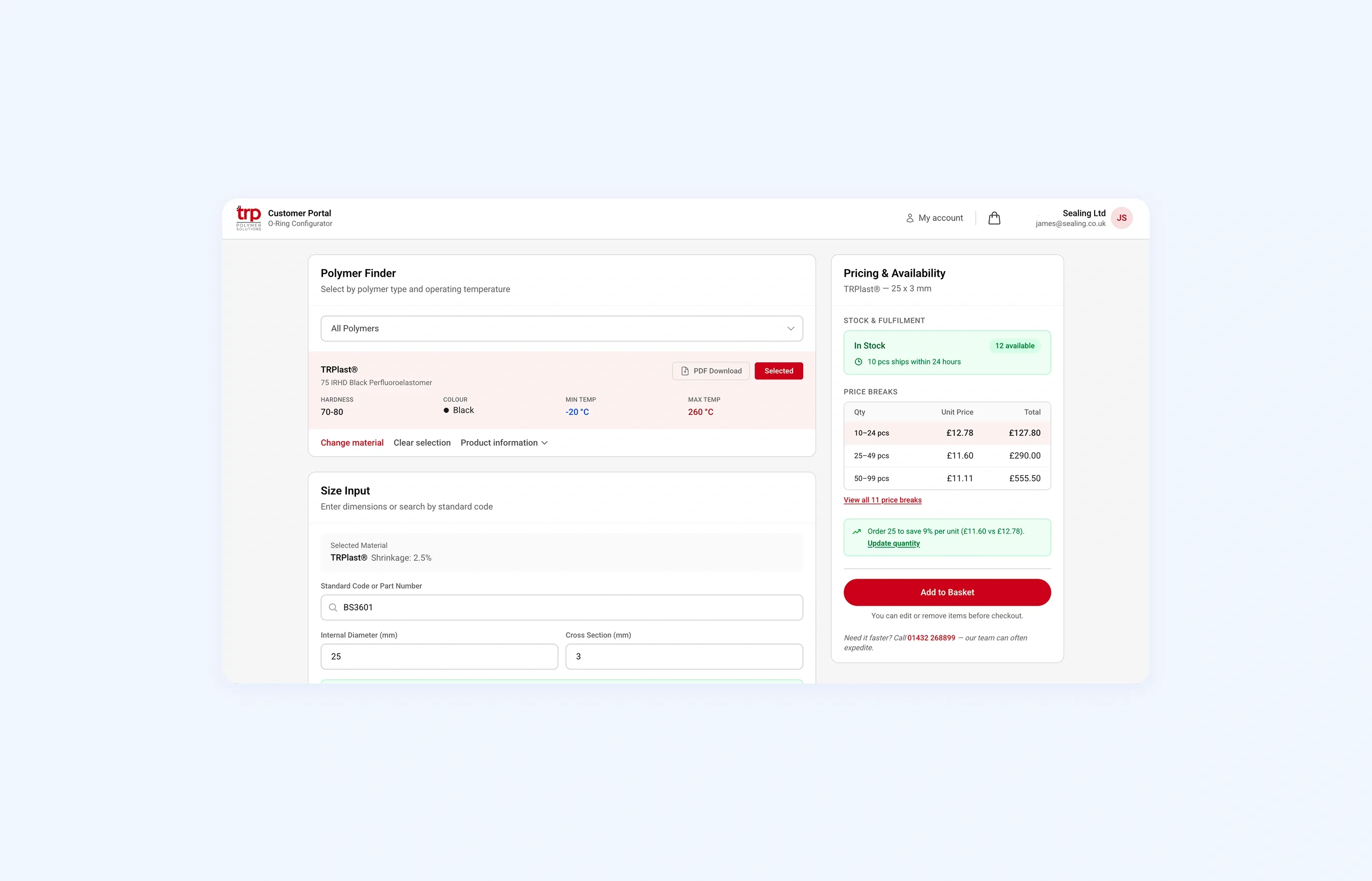 TRP Product Configurator polymer finder and live pricing panel